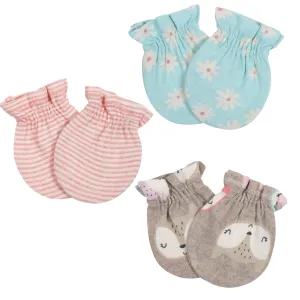 3-Pack Baby Girls Fox No Scratch Mittens