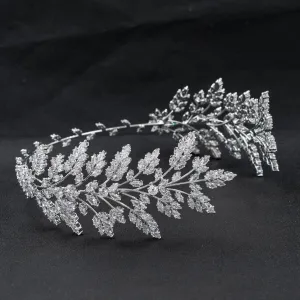 3/4 Round Cubic Zirconia Bridal Wedding Leaves Headband Hair Band Tiara for Women CHA10052