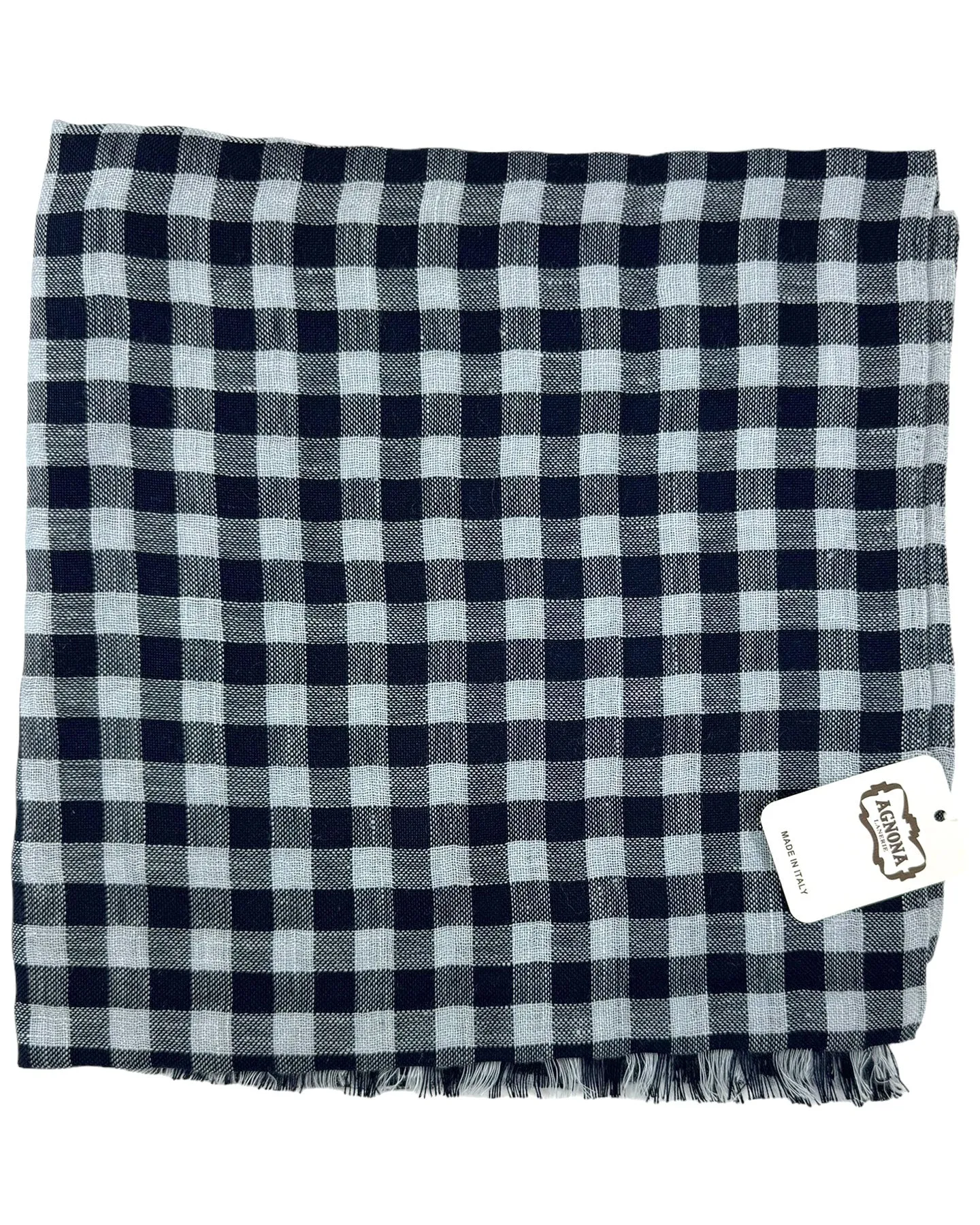 Agnona Scarf Midnight Blue Gray Check - Luxury Silk Linen Shawl SALE