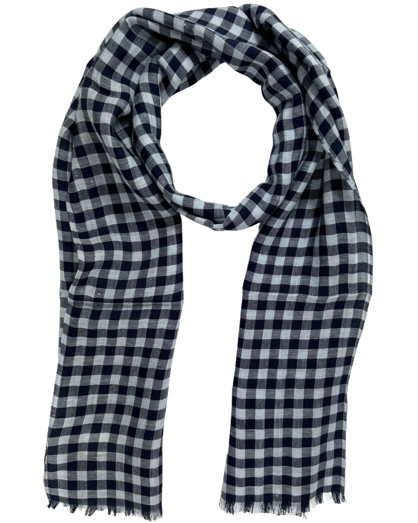 Agnona Scarf Midnight Blue Gray Check - Luxury Silk Linen Shawl SALE