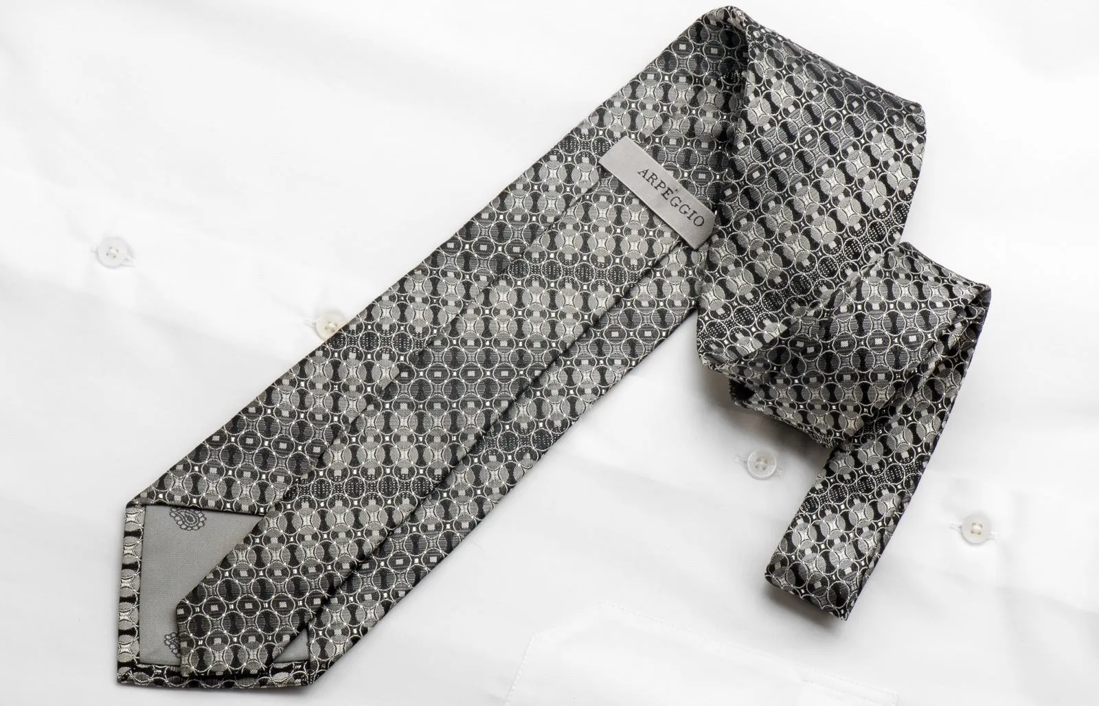 Arpeggio Men's Silk Rhinestone Tie Geometric Silver Circles On Black With Sparkles