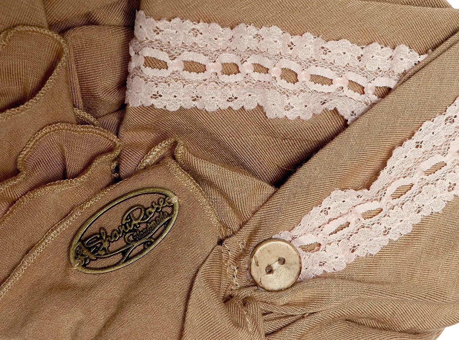 Boho Chic Khaki Beige Tan Head-scarf Tichel Embellished with Vintage Lace Coconut Buttons (Khaki blush pink short - 373)