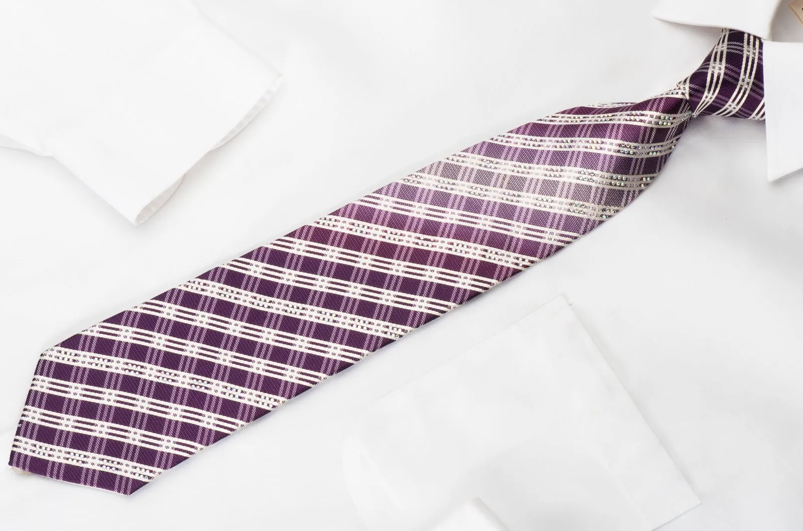 Bruno Baffi Rhinestone Silk Necktie White Stripes On Purple With Silver Sparkles