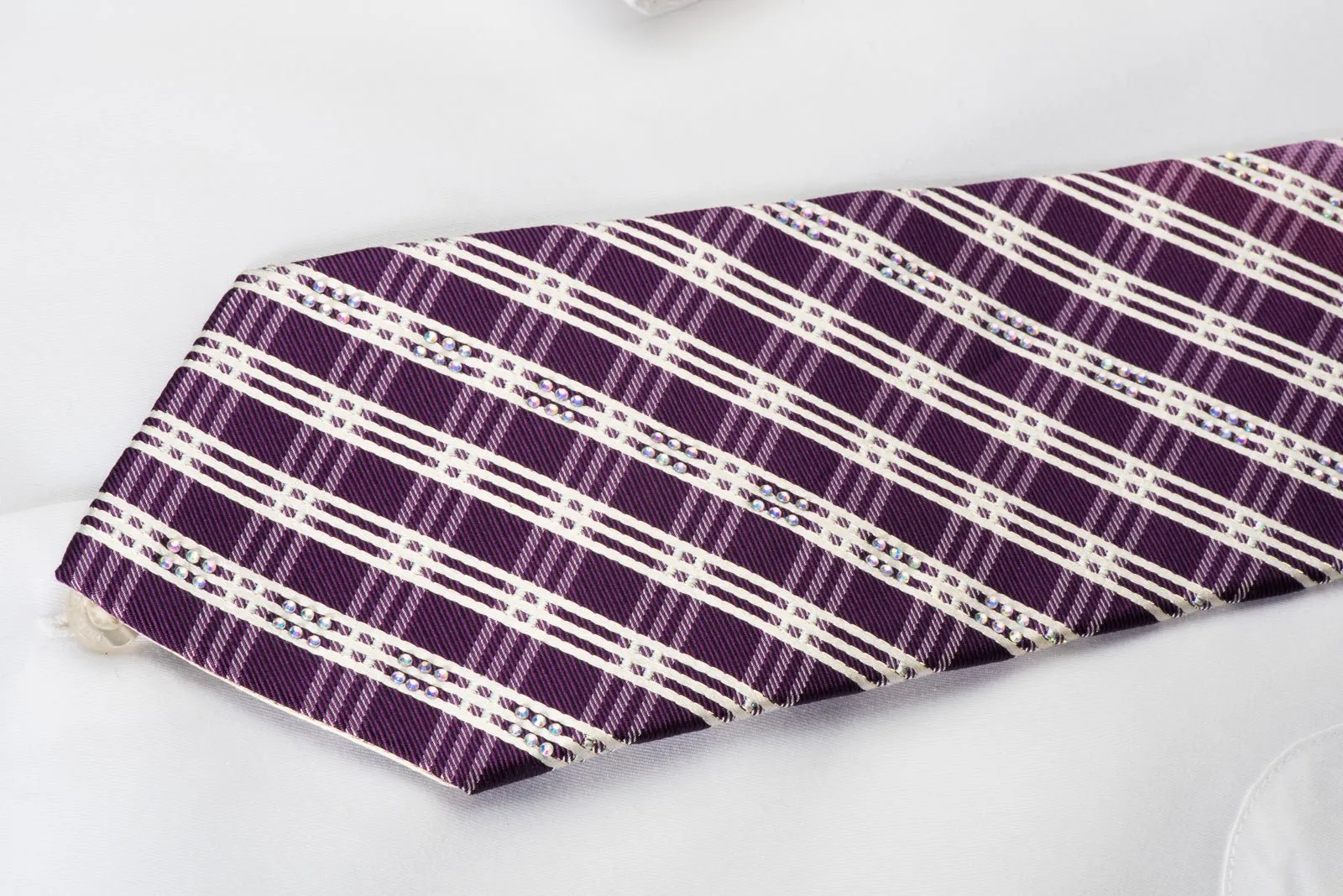 Bruno Baffi Rhinestone Silk Necktie White Stripes On Purple With Silver Sparkles