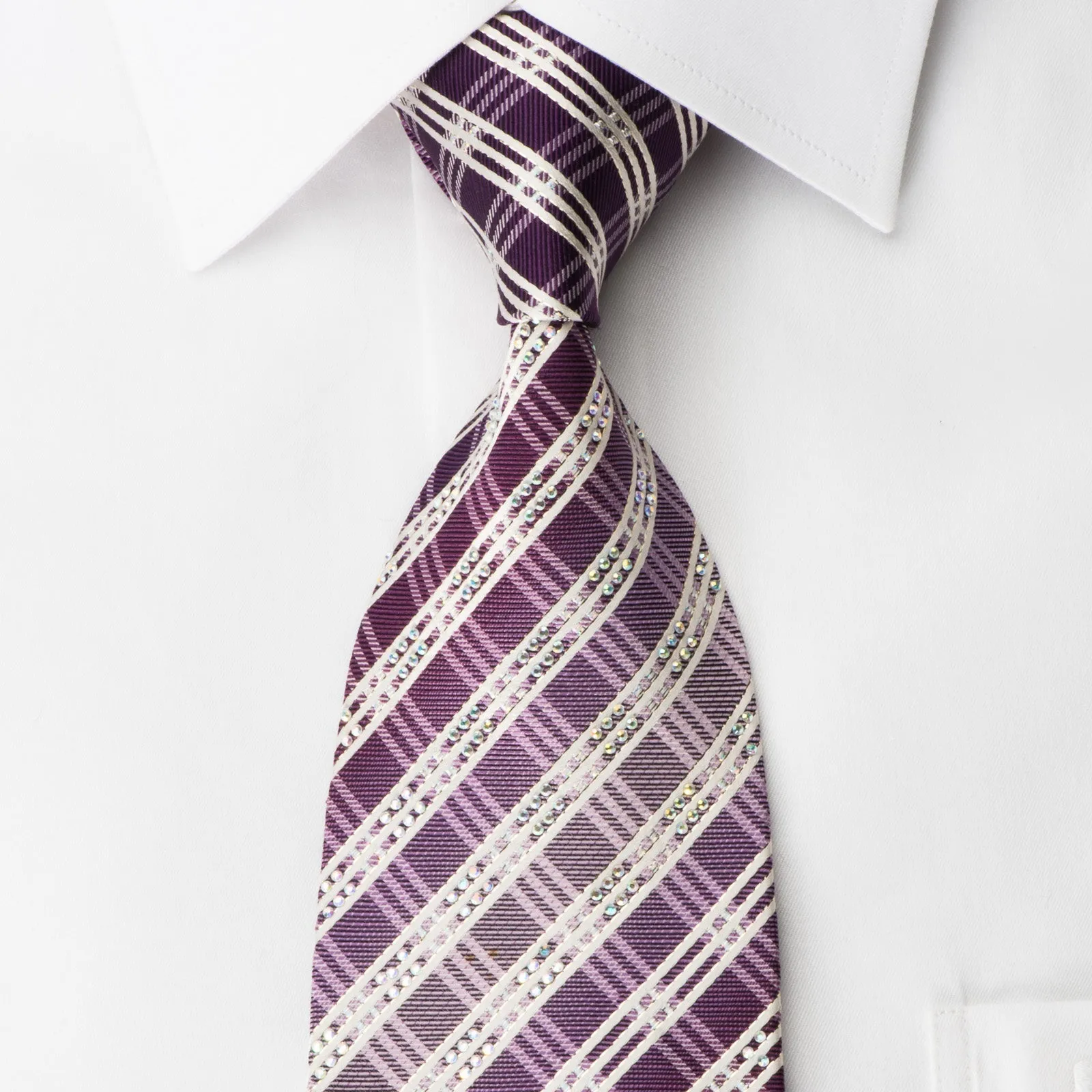 Bruno Baffi Rhinestone Silk Necktie White Stripes On Purple With Silver Sparkles