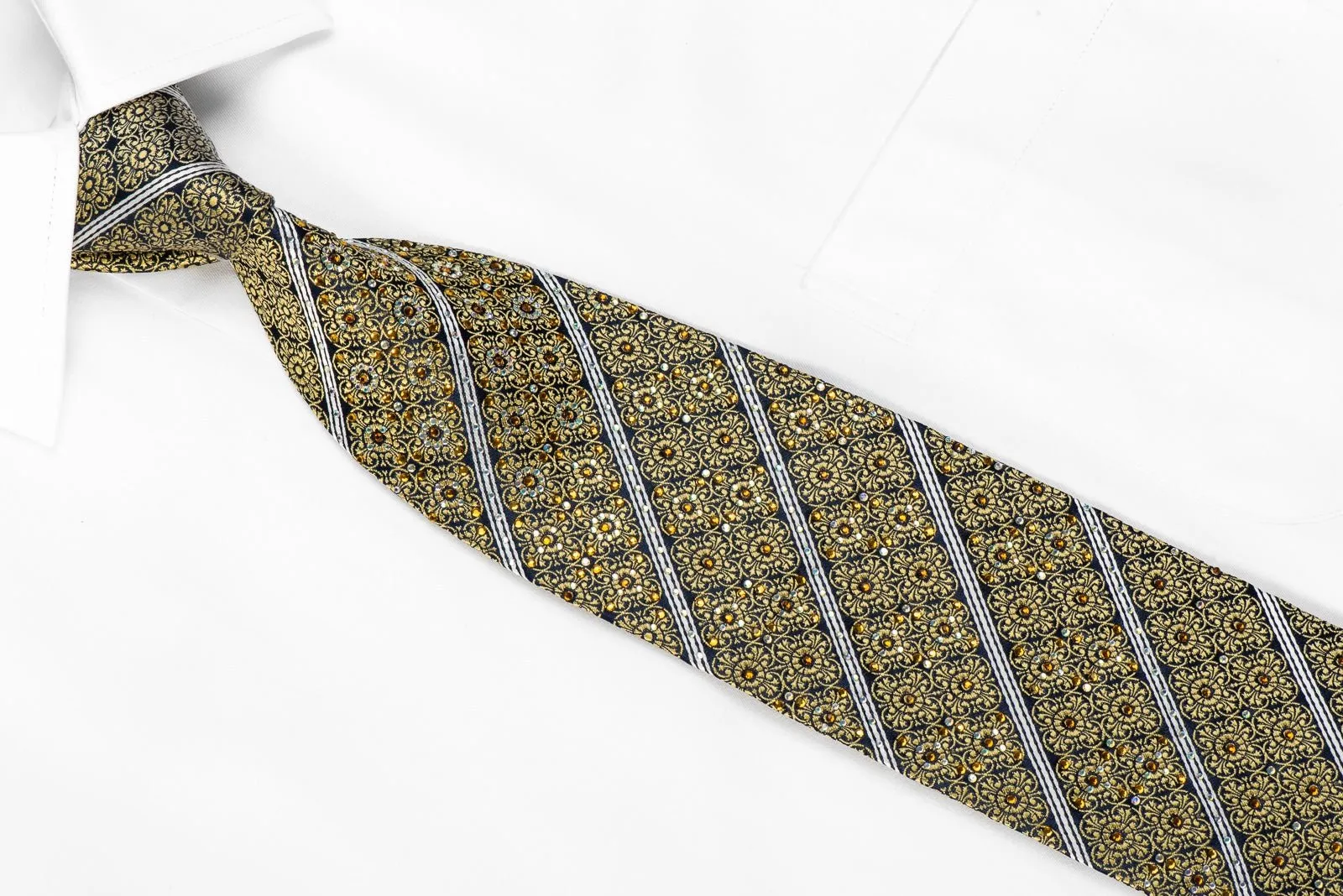 Cabrini Men's Crystal Tie Gold Cartouche Silver Striped On Navy With Gold Sparkles