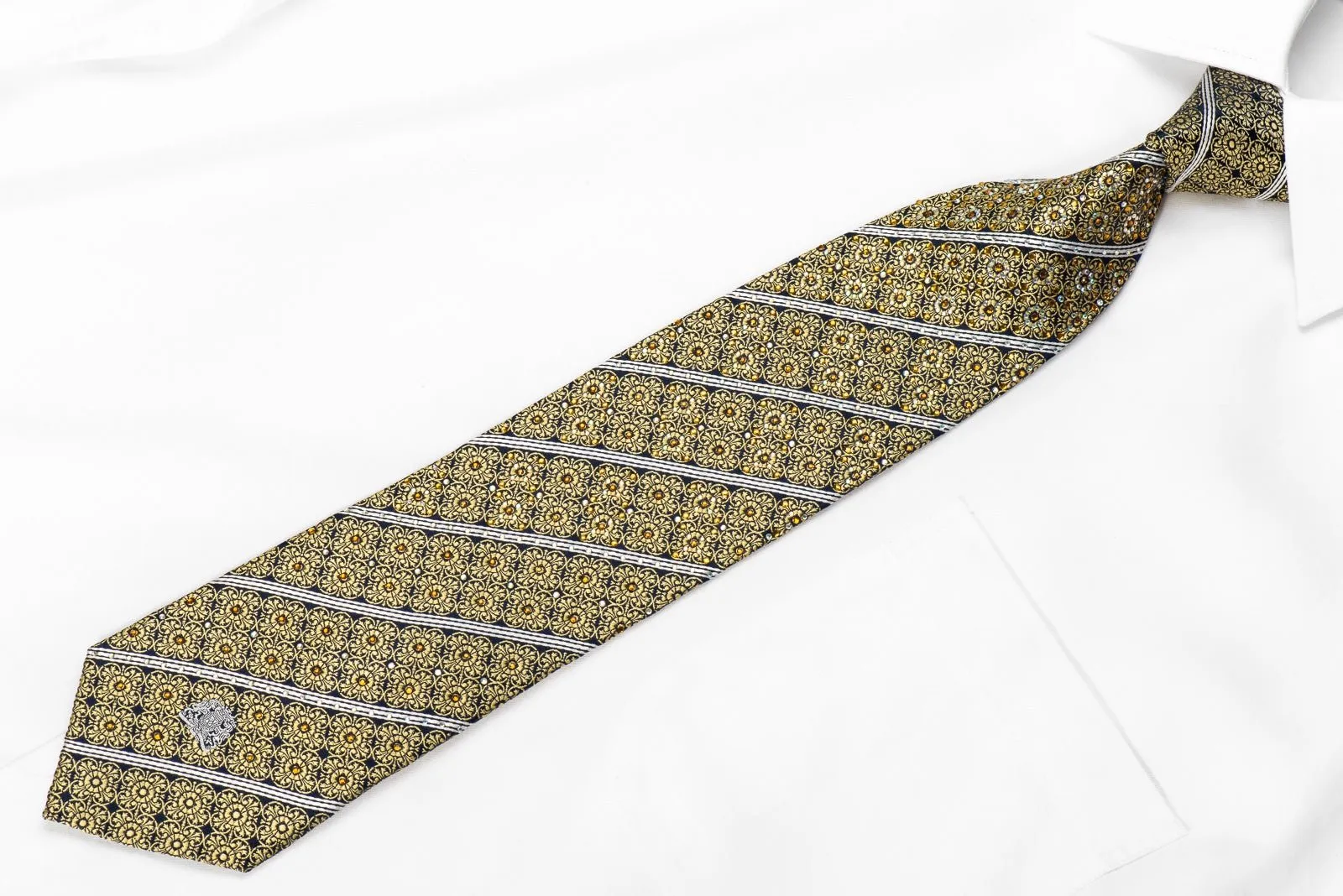 Cabrini Men's Crystal Tie Gold Cartouche Silver Striped On Navy With Gold Sparkles