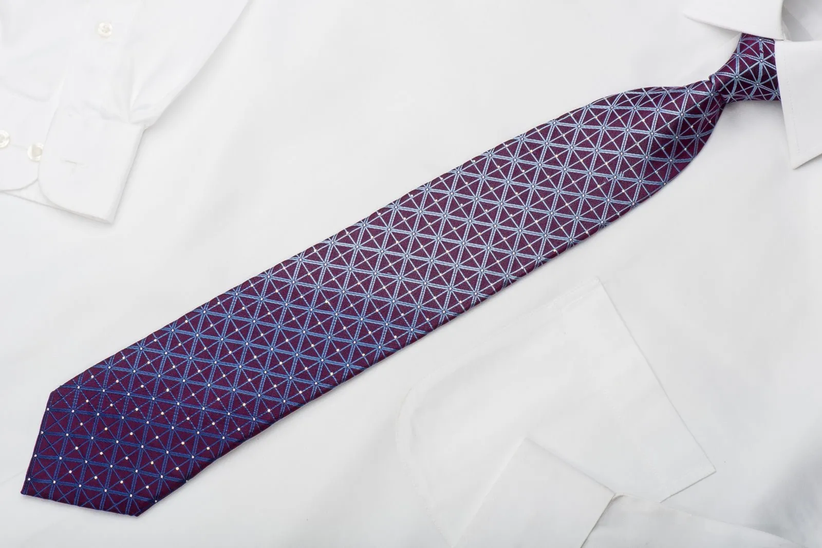 Cabrini Rhinestone Silk Necktie Blue Trellis On Purple With Silver Sparkles