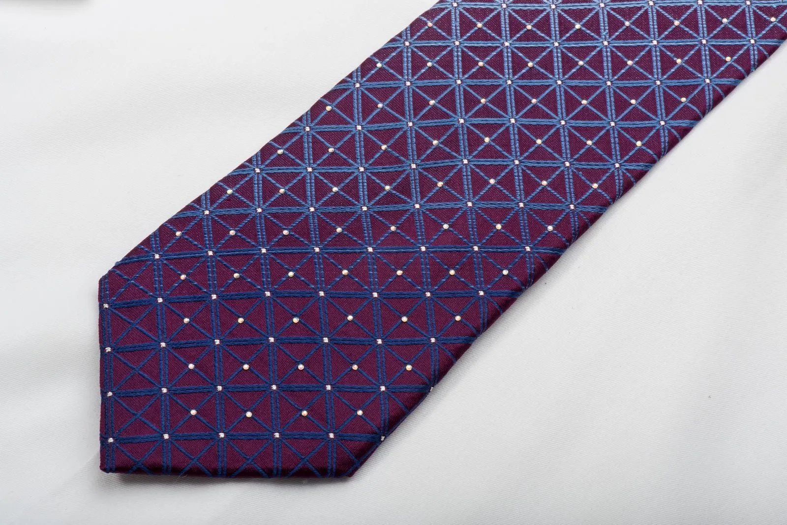 Cabrini Rhinestone Silk Necktie Blue Trellis On Purple With Silver Sparkles