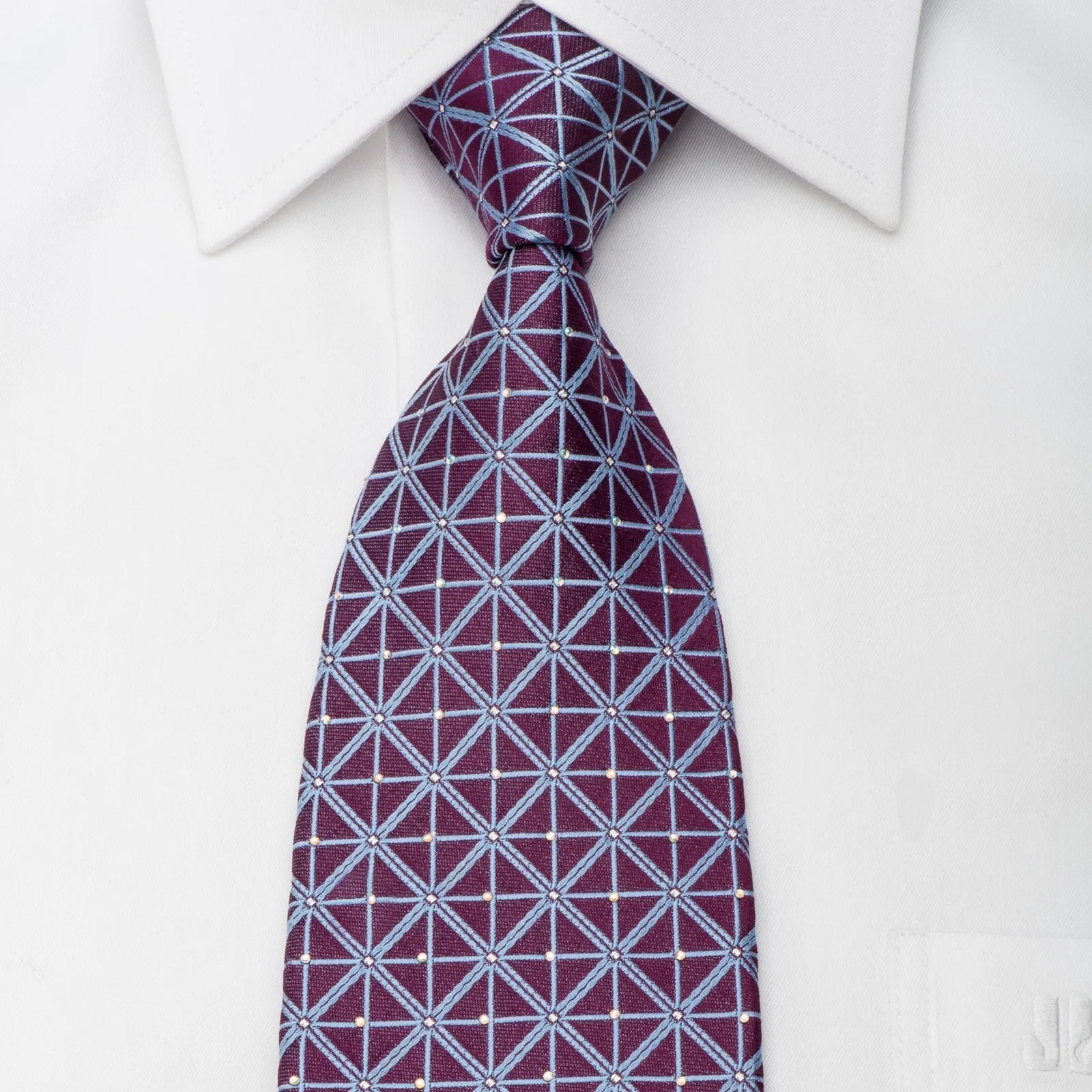 Cabrini Rhinestone Silk Necktie Blue Trellis On Purple With Silver Sparkles