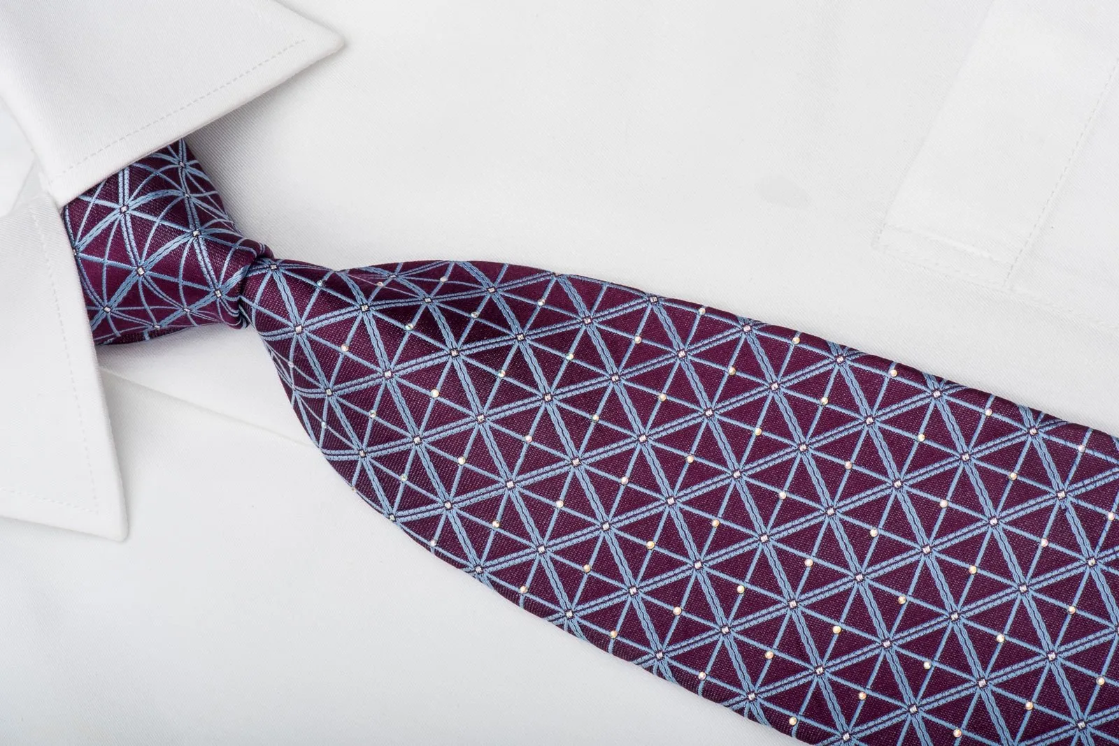 Cabrini Rhinestone Silk Necktie Blue Trellis On Purple With Silver Sparkles