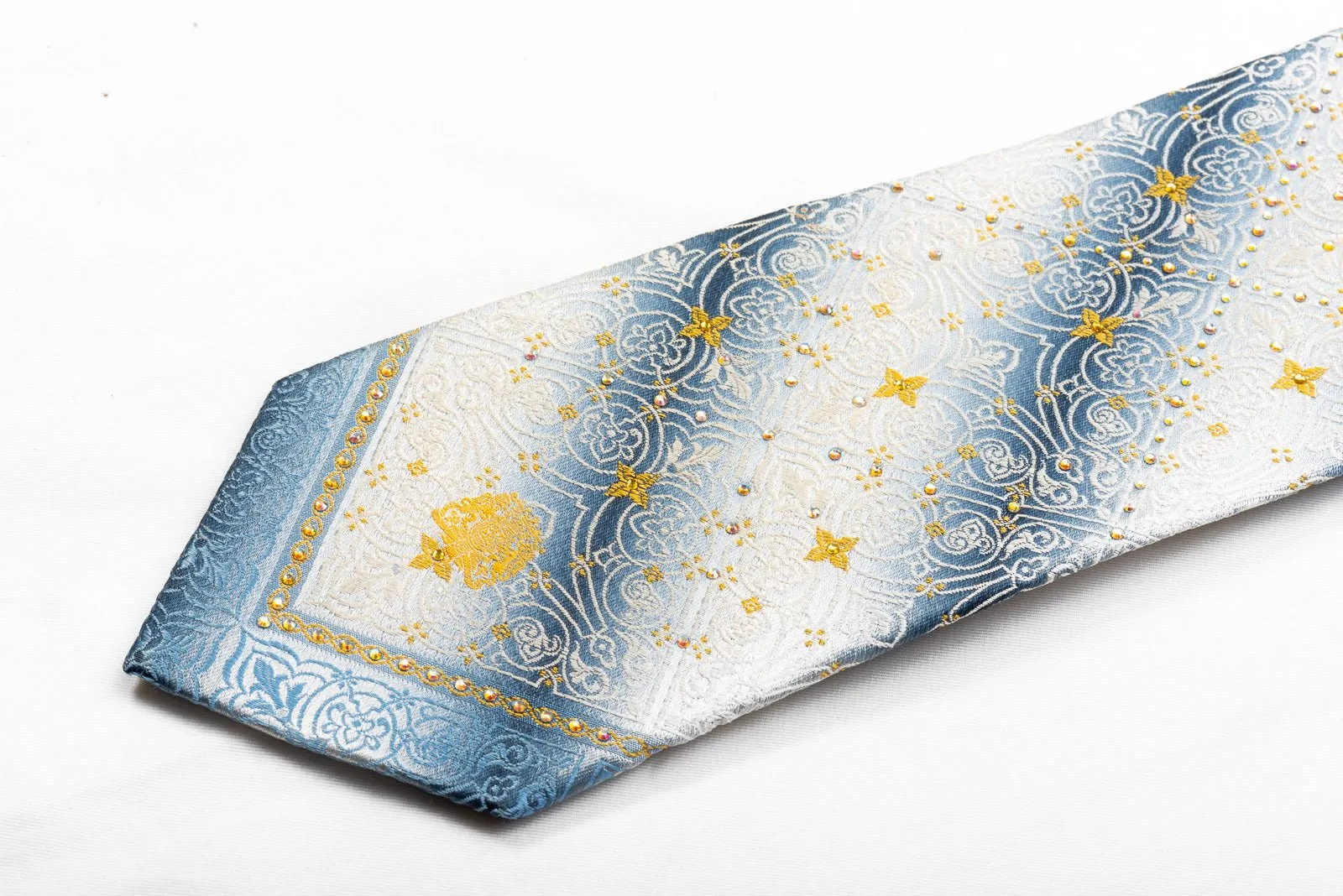 Cartouche On Silver Men's Crystal Rhinestone Silk Necktie With Gold Sparkles