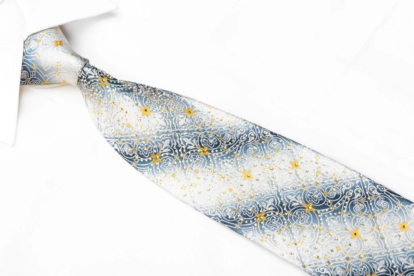 Cartouche On Silver Men's Crystal Rhinestone Silk Necktie With Gold Sparkles