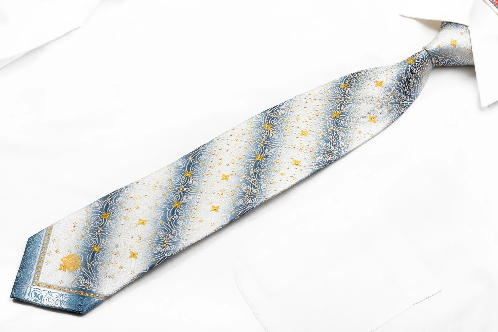 Cartouche On Silver Men's Crystal Rhinestone Silk Necktie With Gold Sparkles