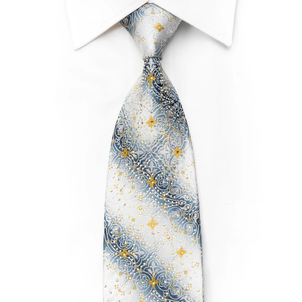 Cartouche On Silver Men's Crystal Rhinestone Silk Necktie With Gold Sparkles