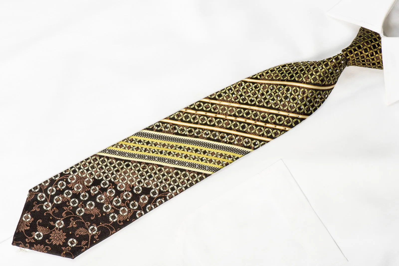 Crocodile Men's Crystal Silk Necktie Green Geometric & Striped On Dark Brown With Sparkles