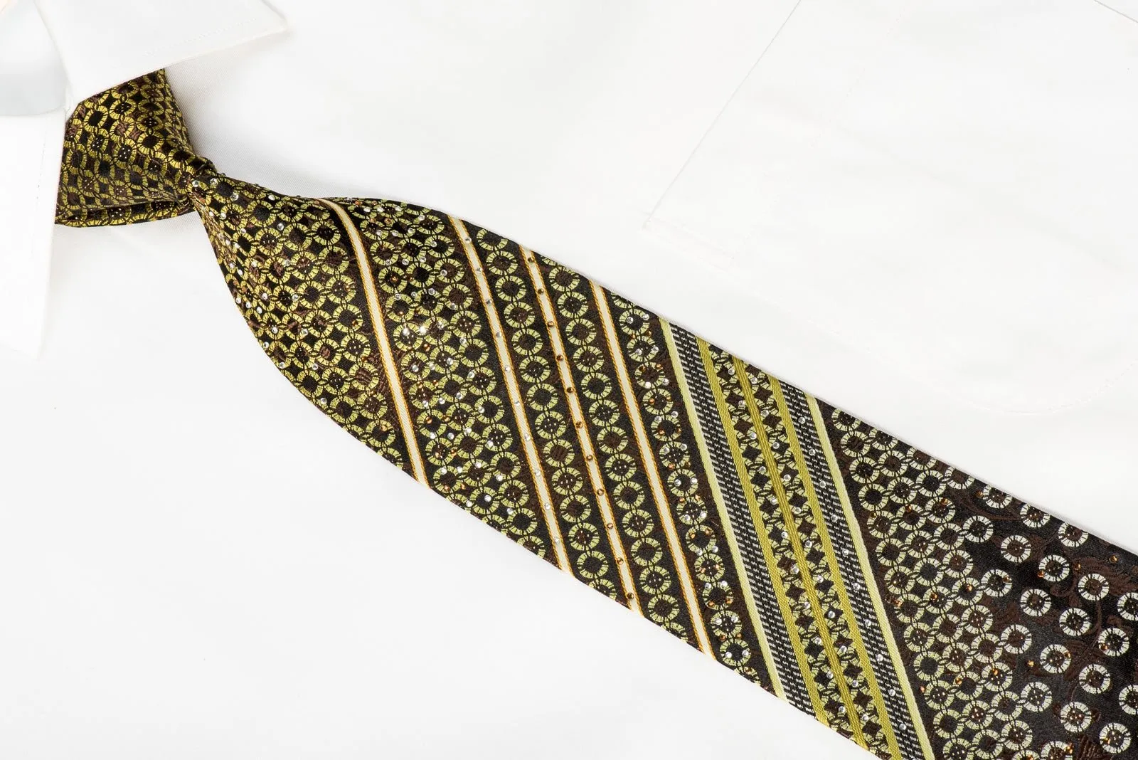 Crocodile Men's Crystal Silk Necktie Green Geometric & Striped On Dark Brown With Sparkles