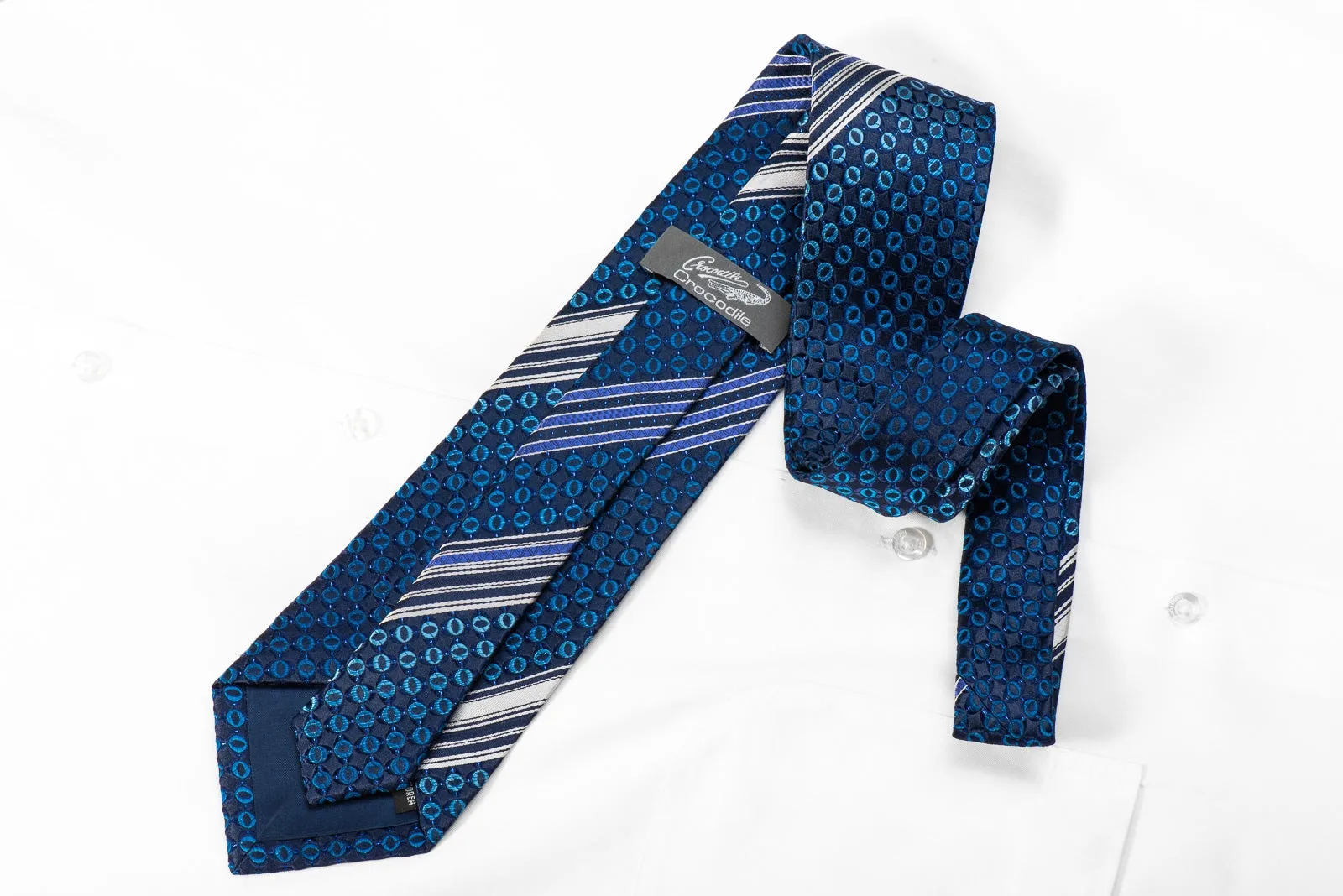 Crocodile Men's Crystal Silk Tie Stripes & Geometric On Navy With Blue Sparkles