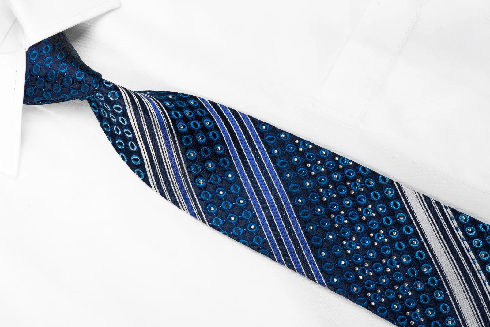 Crocodile Men's Crystal Silk Tie Stripes & Geometric On Navy With Blue Sparkles