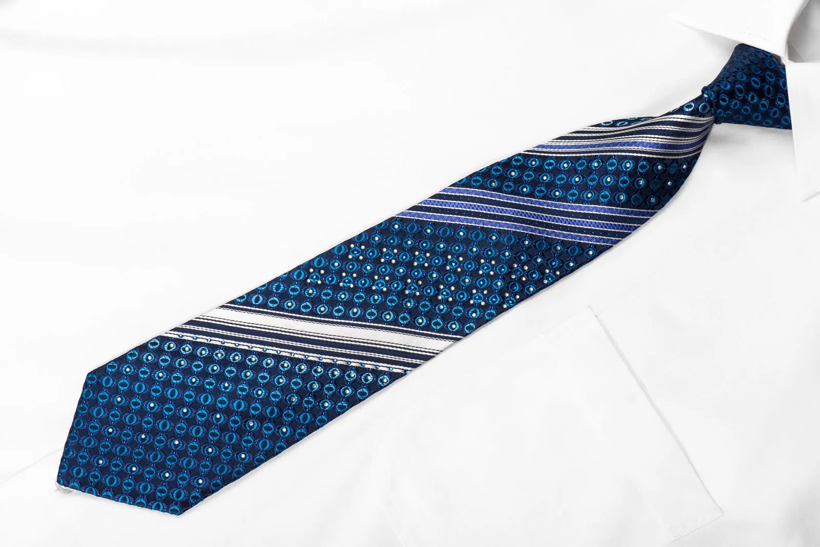 Crocodile Men's Crystal Silk Tie Stripes & Geometric On Navy With Blue Sparkles