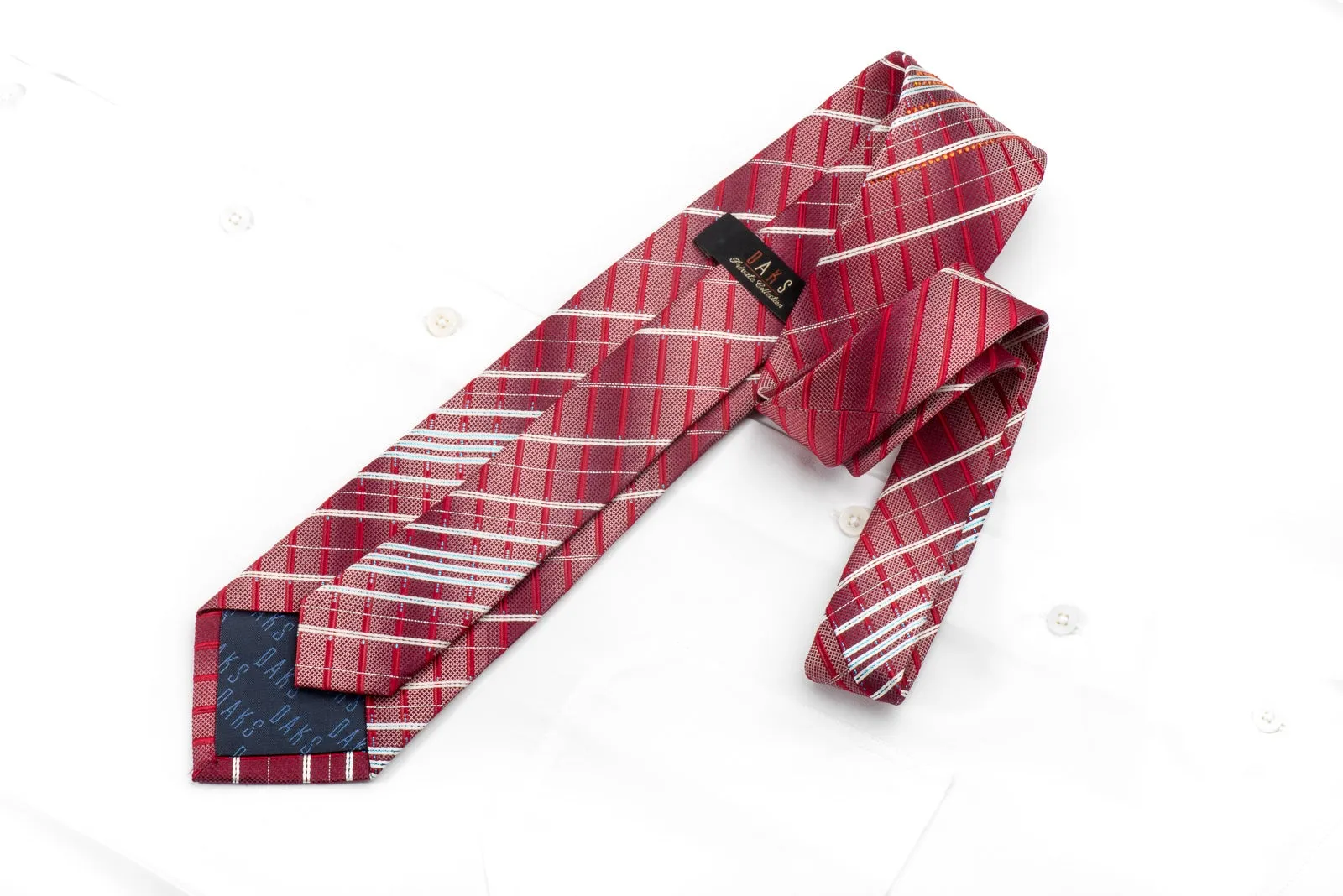 Daks Men's Crystal Necktie Silver Striped On Red Silk With Blue Sparkles