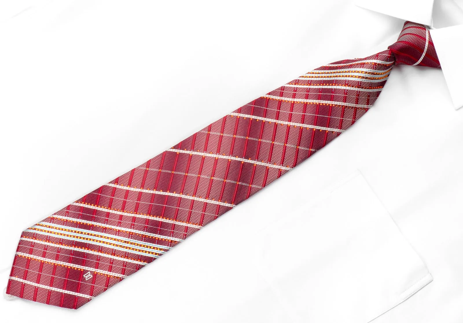 Daks Men's Crystal Necktie Silver Striped On Red Silk With Blue Sparkles