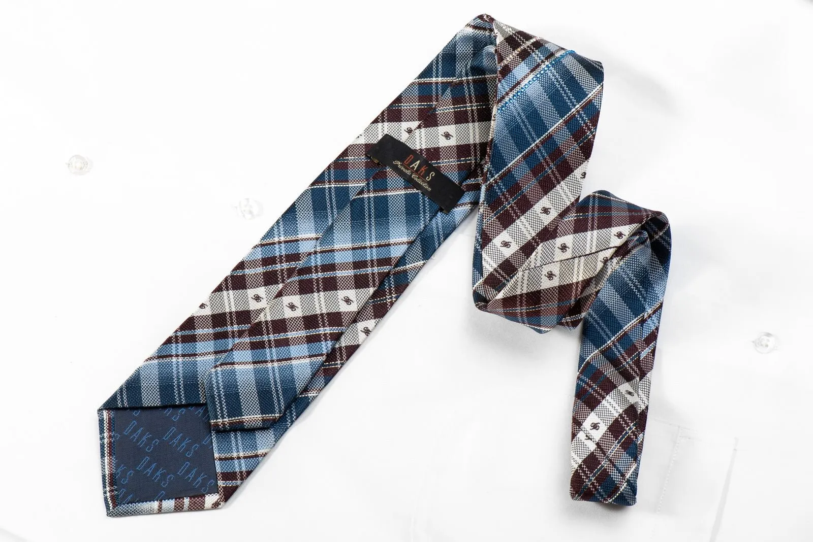 Daks Mens Crystal Rhinestone Silk Necktie Blue Brown White Plaid Design With Silver Sparkles