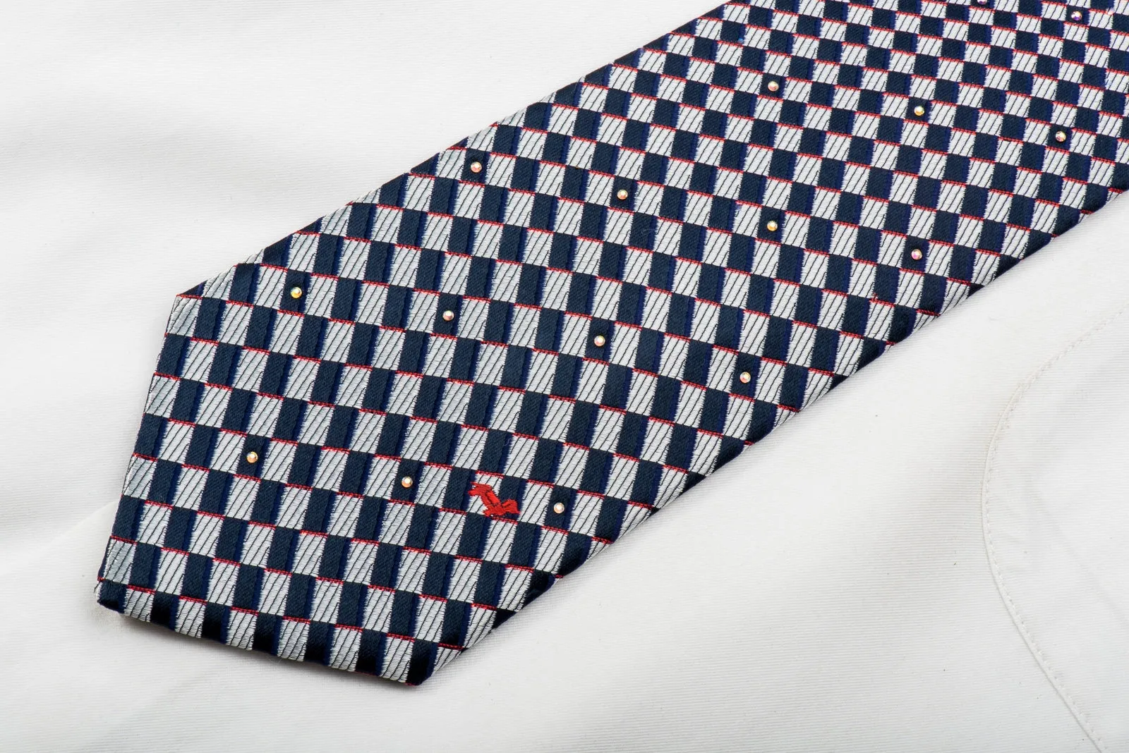 Daks Rhinestone Silk Necktie Silver Navy Checkered