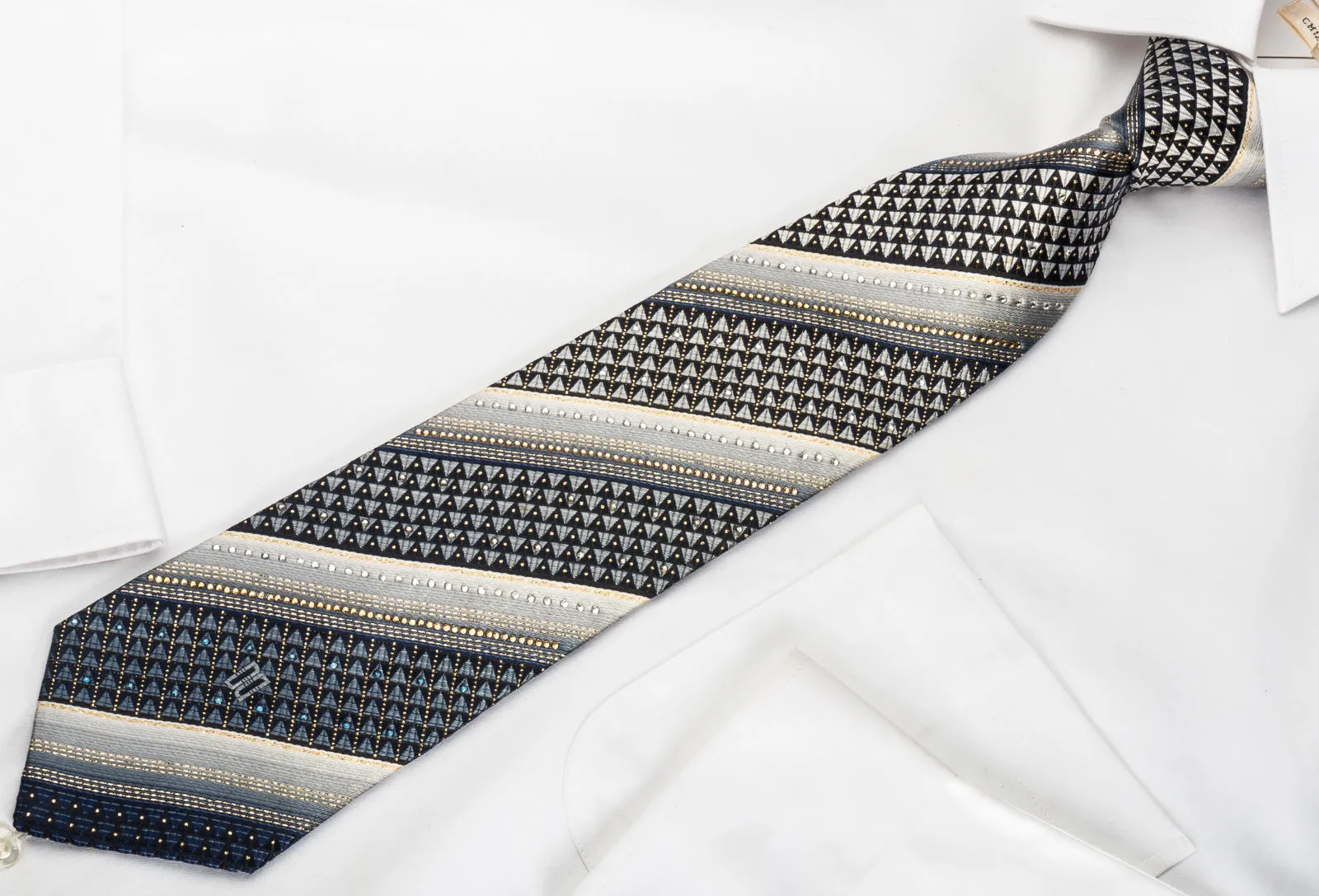 Daks Rhinestone Silk Necktie Silver Stripes On Black With Gold Sparkles