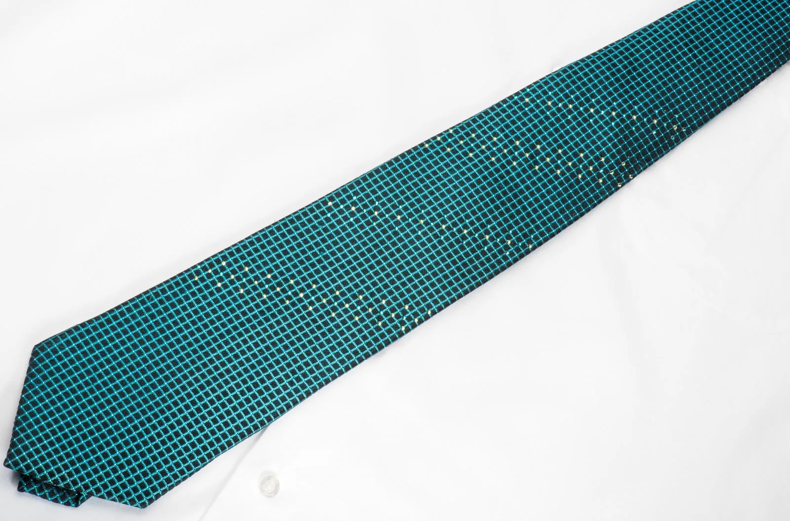 Daks Rhinestone Silk Necktie Turquoise Trellis On Black With Silver Sparkles