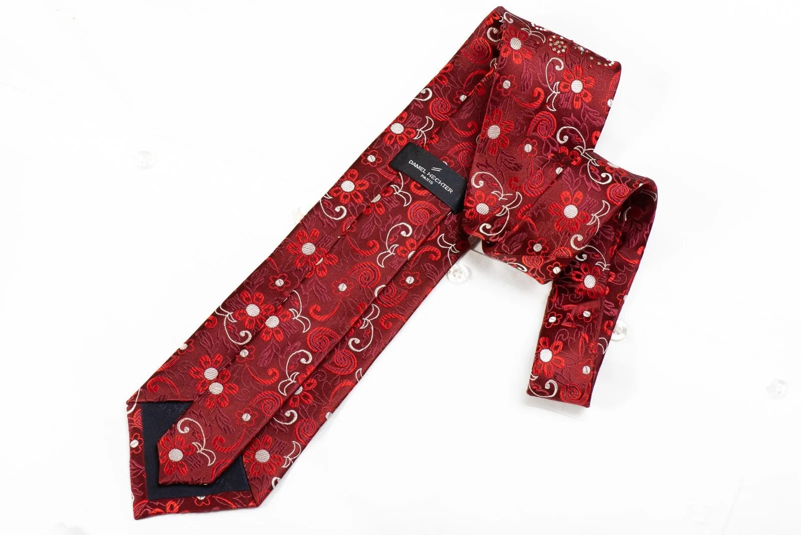 Daniel Hechter Men's Crystal Rhinestone Silk Necktie Floral On Burgundy