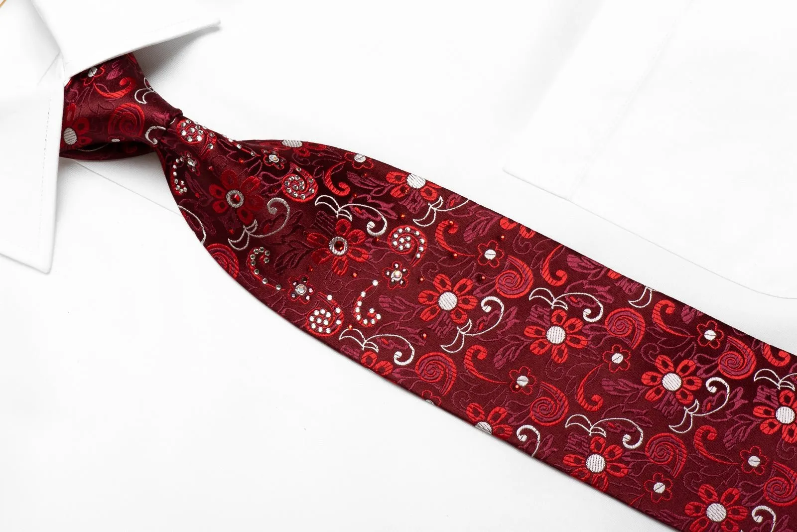 Daniel Hechter Men's Crystal Rhinestone Silk Necktie Floral On Burgundy