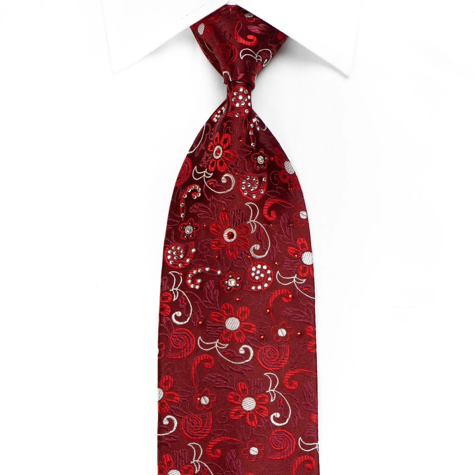 Daniel Hechter Men's Crystal Rhinestone Silk Necktie Floral On Burgundy