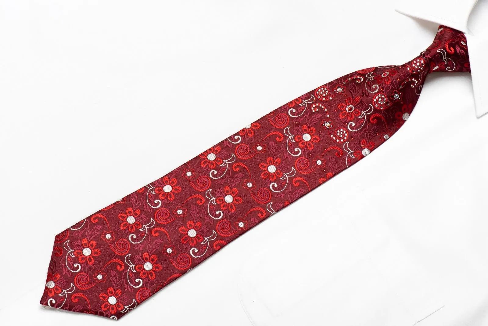 Daniel Hechter Men's Crystal Rhinestone Silk Necktie Floral On Burgundy