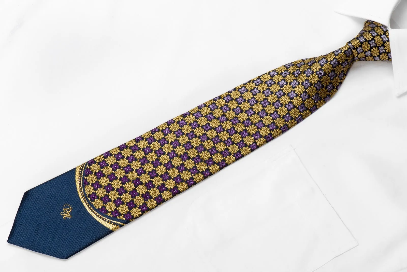 Daniel Hechter Men's Crystal Silk Necktie Gold Purple Cartouche On Navy With Gold Sparkles