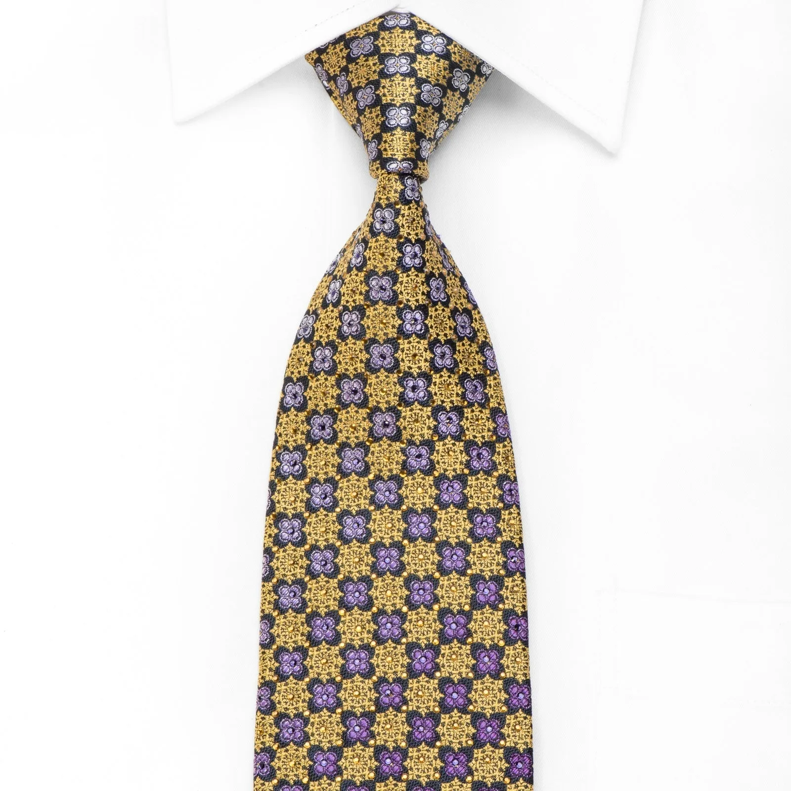 Daniel Hechter Men's Crystal Silk Necktie Gold Purple Cartouche On Navy With Gold Sparkles