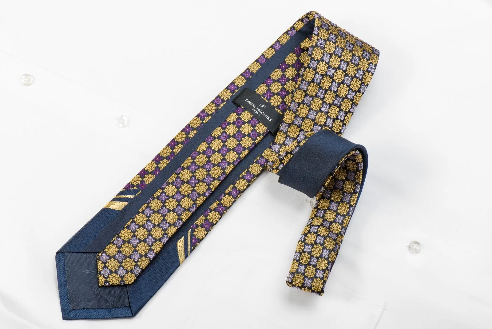 Daniel Hechter Men's Crystal Silk Necktie Gold Purple Cartouche On Navy With Gold Sparkles