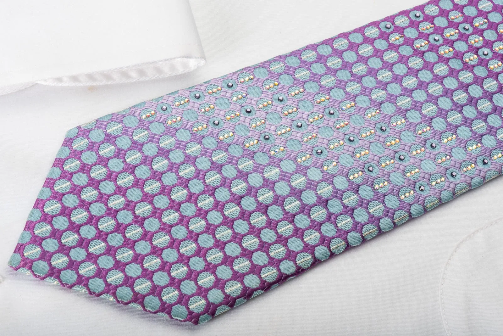 Daniel Hechter Rhinestone Silk Tie Blue Dots On Purple With Silver Sparkles