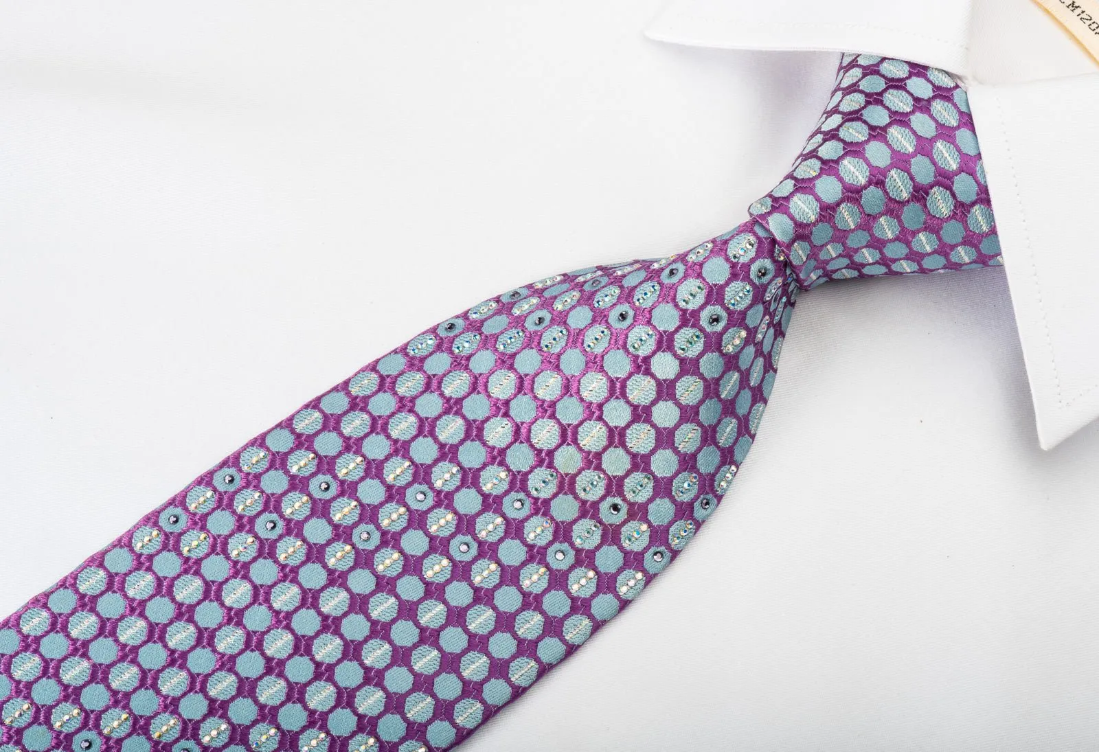 Daniel Hechter Rhinestone Silk Tie Blue Dots On Purple With Silver Sparkles