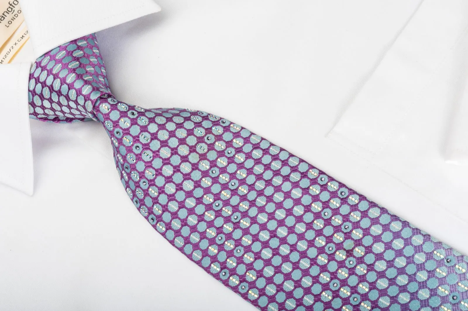 Daniel Hechter Rhinestone Silk Tie Blue Dots On Purple With Silver Sparkles