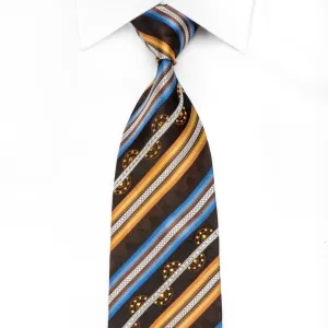 Elegance Men's Crystal Silk Necktie Orange Blue Silver Striped On Brown Sparkling With Rhinestones