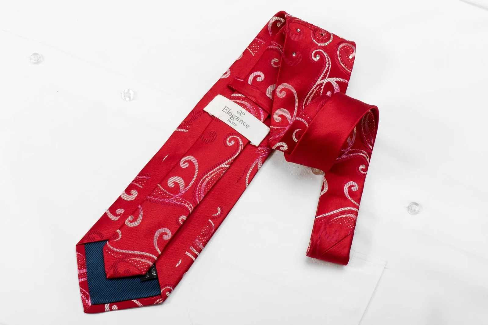 Elegance Mens Crystal Silk Tie Silver Scrolls On Red With Sparkles