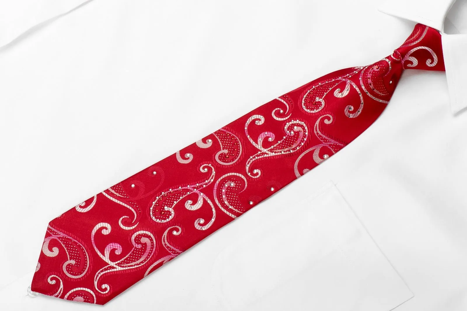 Elegance Mens Crystal Silk Tie Silver Scrolls On Red With Sparkles