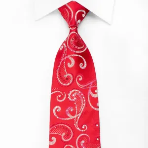 Elegance Mens Crystal Silk Tie Silver Scrolls On Red With Sparkles