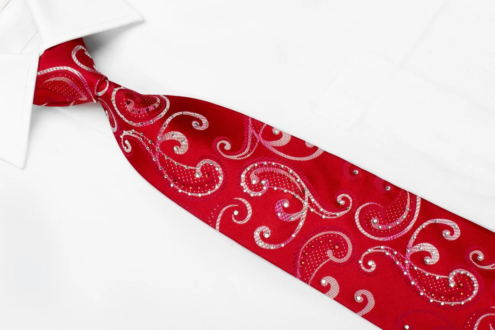 Elegance Mens Crystal Silk Tie Silver Scrolls On Red With Sparkles