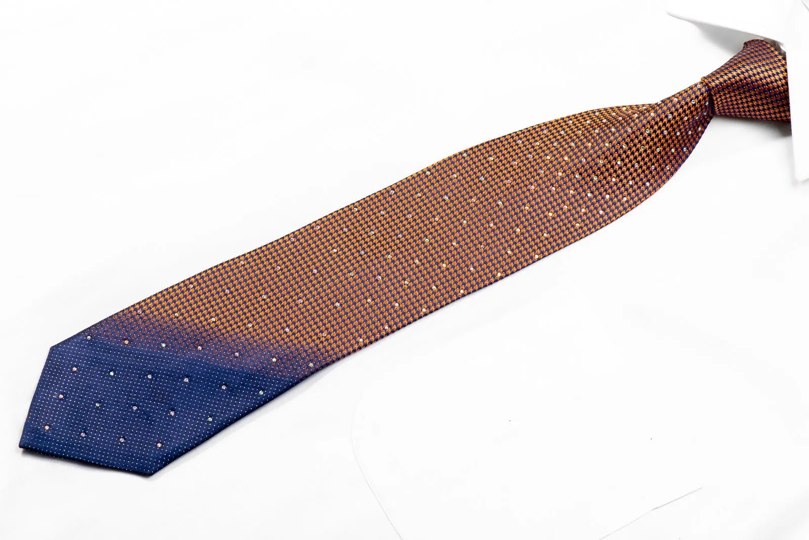 Elegance Rhinestone Silk Necktie Orange Houndstooth On Navy With Silver Sparkles