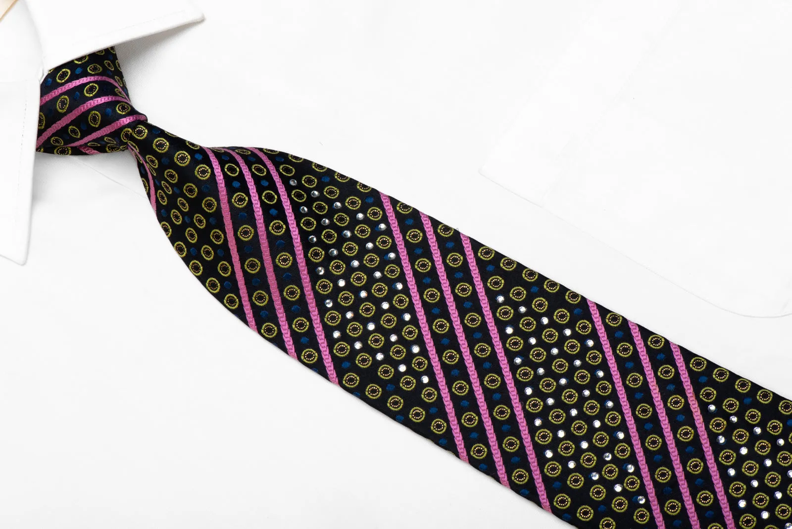 Elegance Rhinestone Silk Necktie Pink Green Stripes Geometric On Navy With Sparkle