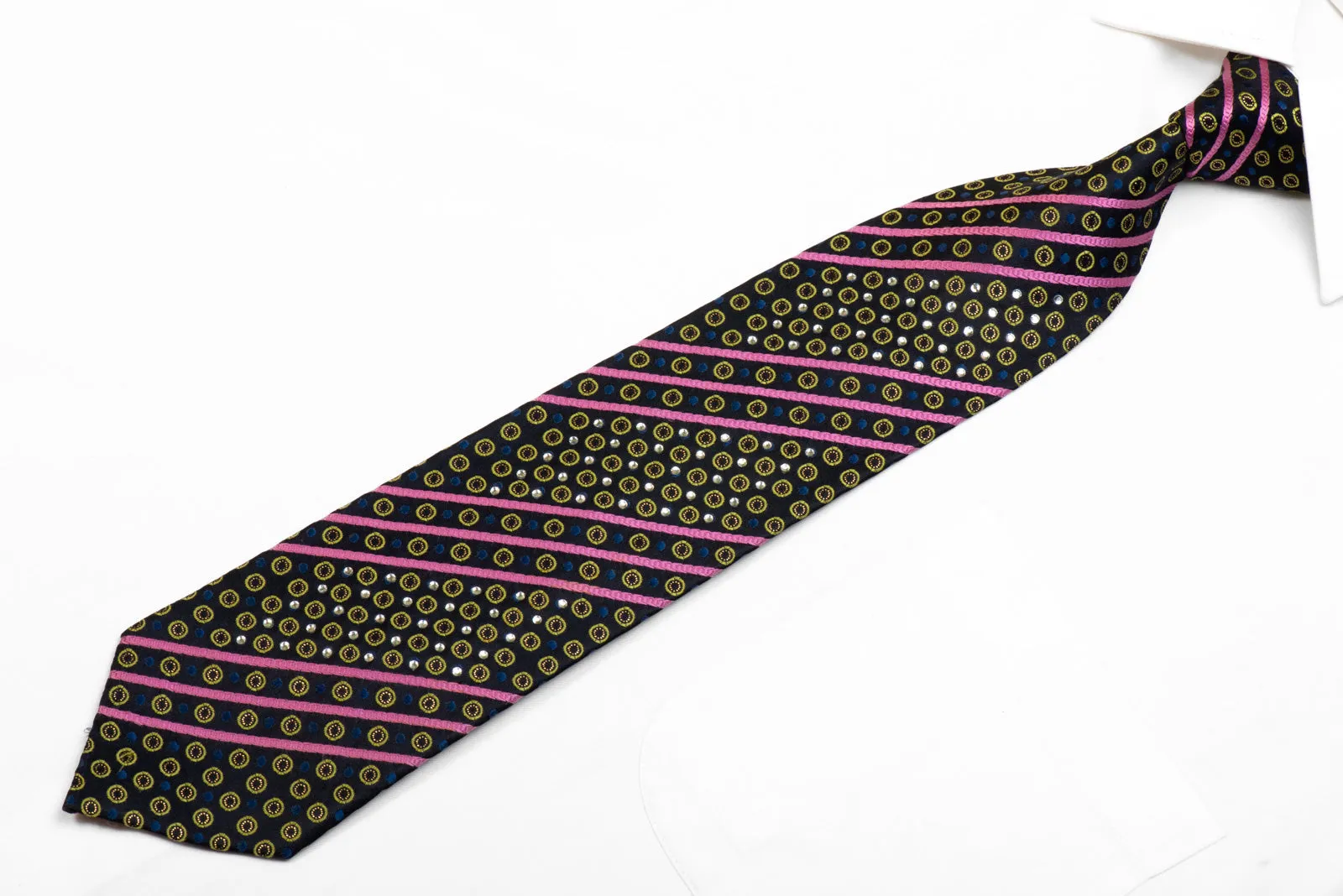 Elegance Rhinestone Silk Necktie Pink Green Stripes Geometric On Navy With Sparkle