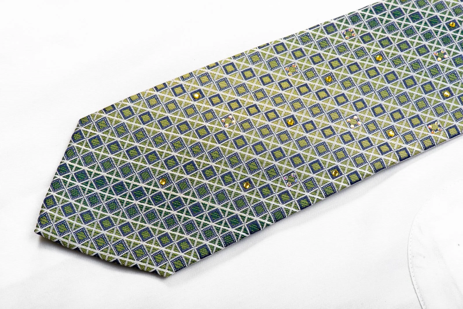 Elegance Rhinestone Silk Necktie Silver Blue Trellis On Green With Sparkles