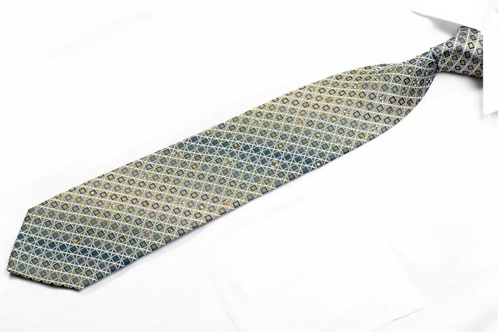 Elegance Rhinestone Silk Necktie Silver Blue Trellis On Green With Sparkles